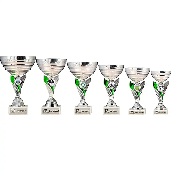 Beker Celine de complete serie op een rijtje met voorbeelden van standaard en club logo's.
