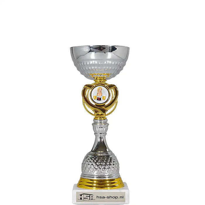 Beker Livia 21 cm hoog met voorbeeld afbeelding van dame met twee bierpullen.