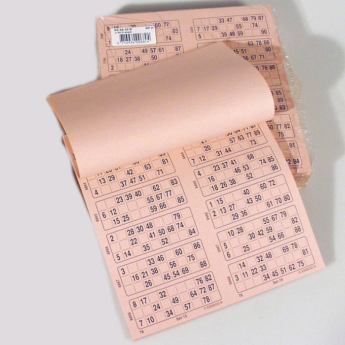 Bingokaarten 1-90 doorlopend 600 vel dubbel voorbeeld van roze pak