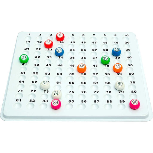 Wit kunststof controlebord met aantal gekleurde bingoballetjes