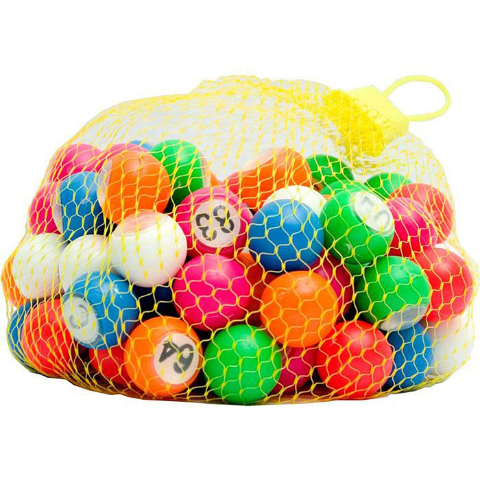 Netje met gekleurde bingoballetjes met nummer onder beschermvenster