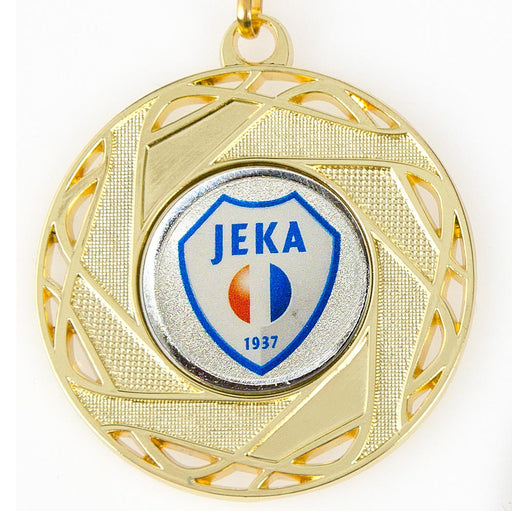 Medaille Jacey goudkleurig met voorbeeld van eigen logo voetbalvereniging JEKA