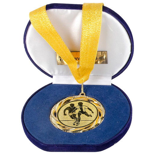 Medaille in etui goudkleurig met afbeelding van voetballers