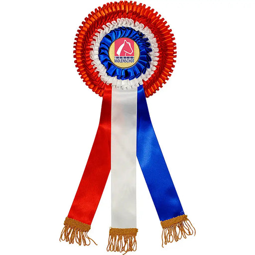 Rozet Kampioen Oranje-rood-wit-blauw met goudkleurige franje aan de staarten en voorbeeld logo van Manege Molenschot