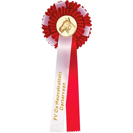 Rozet in rood-wit met standaard logo Paardehoofd en voorbeeld tekst op de linker lias.