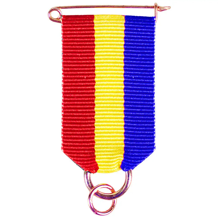 Speldlint rood-geel-blauw met goudkleurige metalen ringetjes