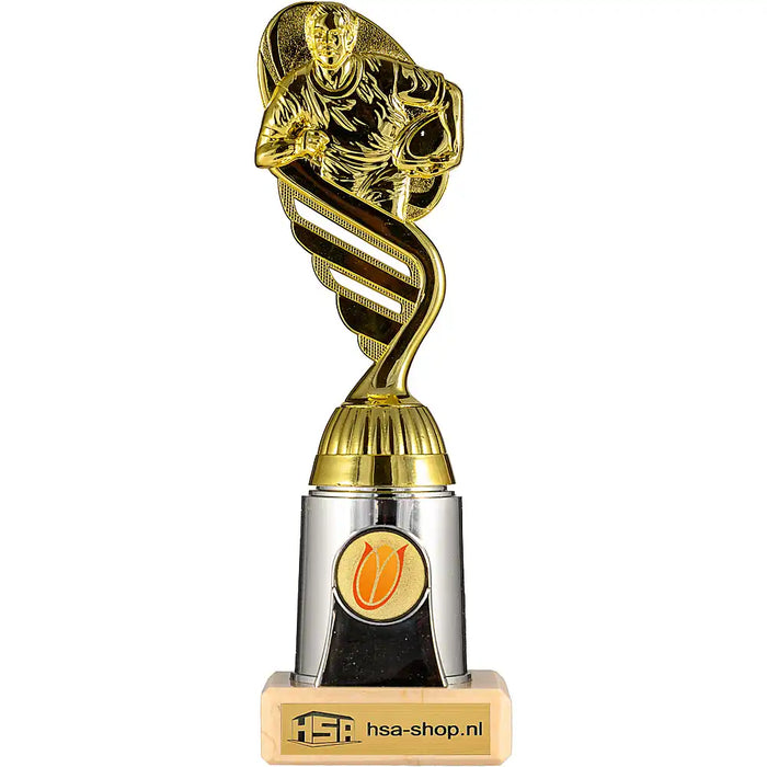 Trofee Adana Rugby 20 cm met voorbeeld logo en graveerplaatje.