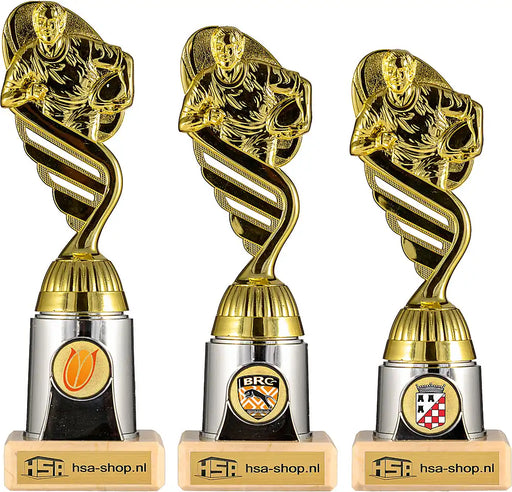 Trofee Adana Rugby complete serie van drie maten op een rijtje.