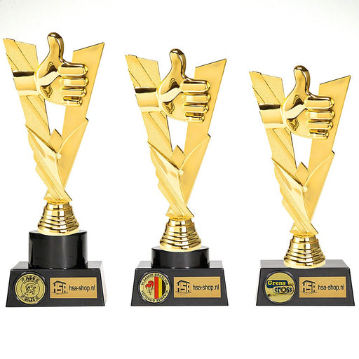 Trofee duim goudkleurige hand met duim omhoog. Op zwarte kunststof voet met logo.