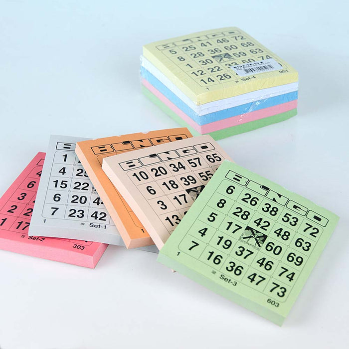 Bingokaarten 1-75 5 kleuren 100 vel groot 1 ticket per vel