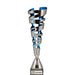 Trofee Mavis 39 cm met opengewerkte zilverkleurige metalen band en blauwe metallic cup.