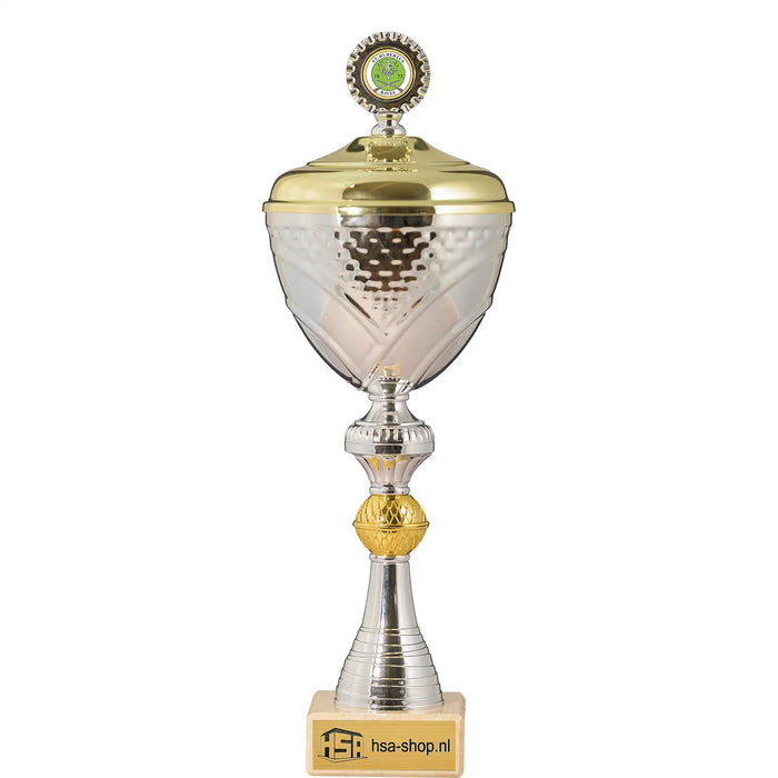 Beker Maya 35,5 cm sporttrofee zilver goud met gravure.