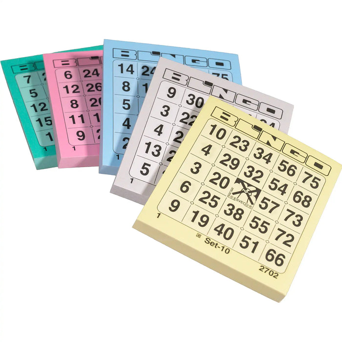 Bingokaarten nummers 1-75 pakje met de eerste vijf kleuren. In blokken van 100 vel.