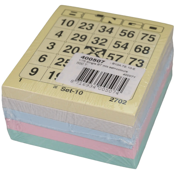 Bingokaarten nummers 1-75 pakje met de eerste vijf kleuren.