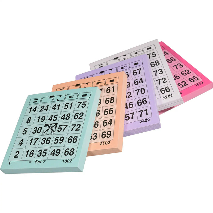 Bingokaarten nummers 1-75 pakje met de tweede vijf kleuren. In blokken van 100 vel.