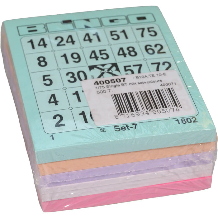 Bingokaarten nummers 1-75 pakje met de tweede vijf kleuren.