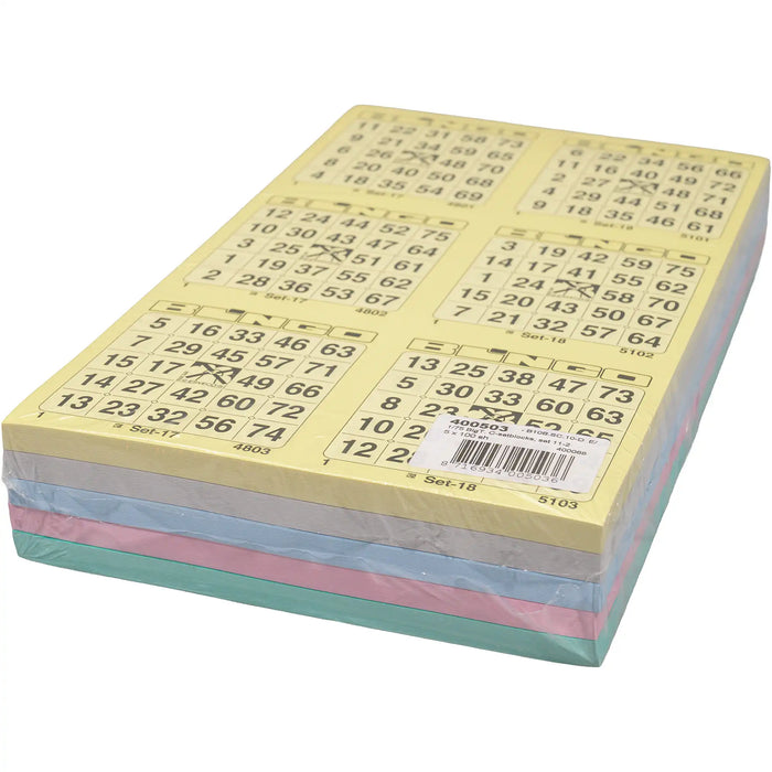 Bingokaarten 1-75 big 5 kleuren GROOT Dubbel. Pak met de eerste vijf kleuren.