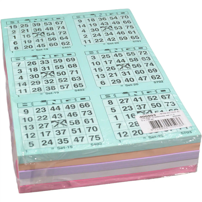 Bingokaarten 1-75 big 5 kleuren GROOT Dubbel. Pak met de tweede vijf kleuren.