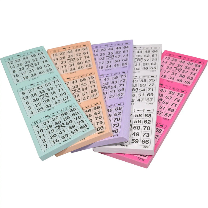 Bingokaarten 1-75 big 5 kleuren GROOT Enkel tweede vijf kleuren. Blokken van 100 vel los getoond.
