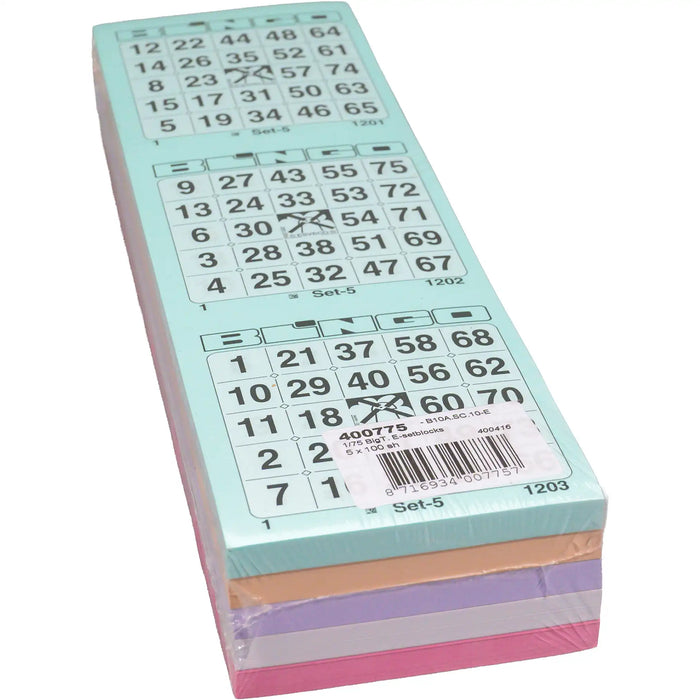 Bingokaarten 1-75 big 5 kleuren GROOT Enkel. Pak met de tweede vijf kleuren.