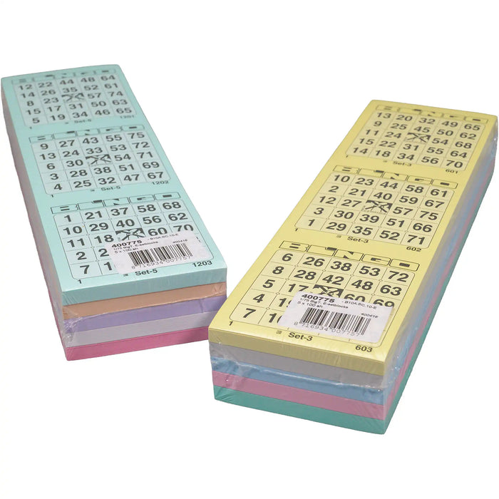 Bingokaarten 1-75 big 5 kleuren GROOT Enkel. Beidde blokken en met de 10 verschillende kleuren.