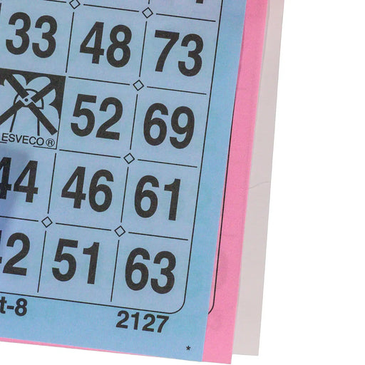 Bingokaarten 1-75 boekje 12 velletjes met 3 grote tickets, kleuren op volgorde gezien