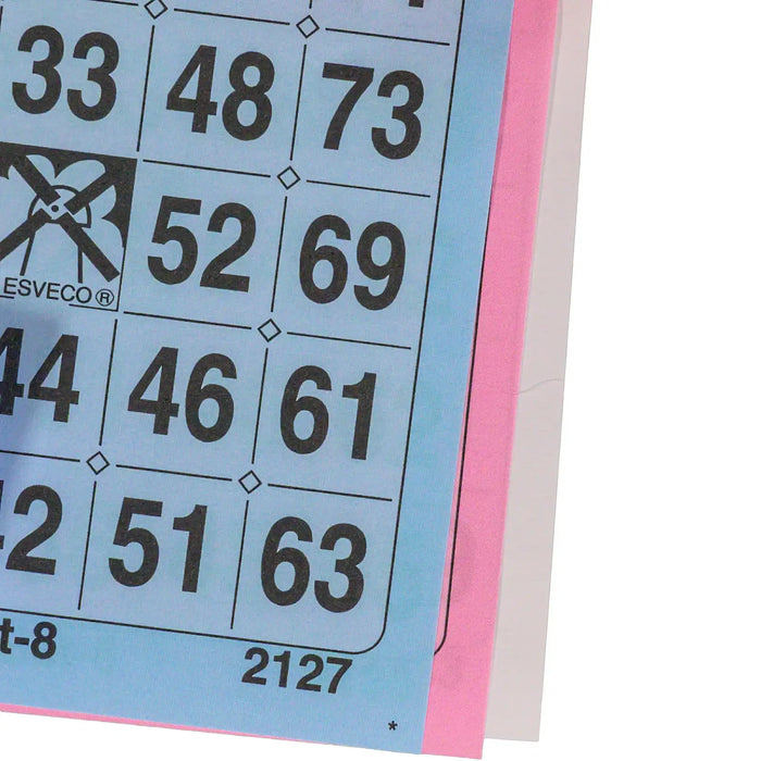 Bingokaarten 1-75 boekje 12 velletjes met 3 grote tickets, kleuren op volgorde gezien