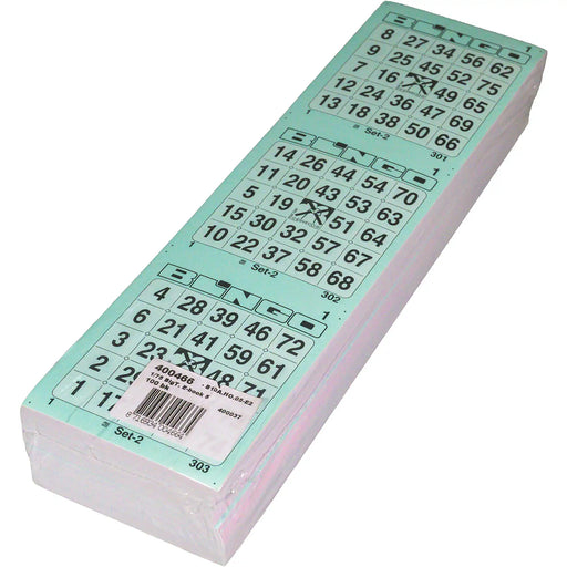 Bingokaarten 1-75 boekje 5 velletjes met 3 grote tickets, pak met 100 boekjes