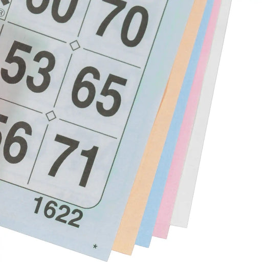 Bingokaarten 1-75 boekje 5 velletjes met 3 grote tickets, kleuren op volgorde gezien