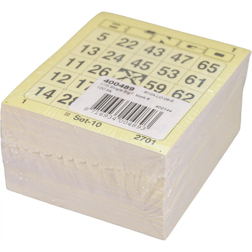 Bingokaarten 1-75 boekje 6 velletjes 1 groot ticket, pak met 100 boekjes