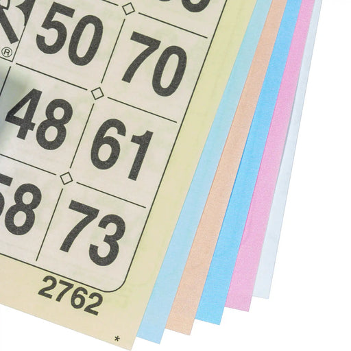 Bingokaarten 1-75 boekje 6 velletjes met 3 grote tickets, kleuren op volgorde gezien
