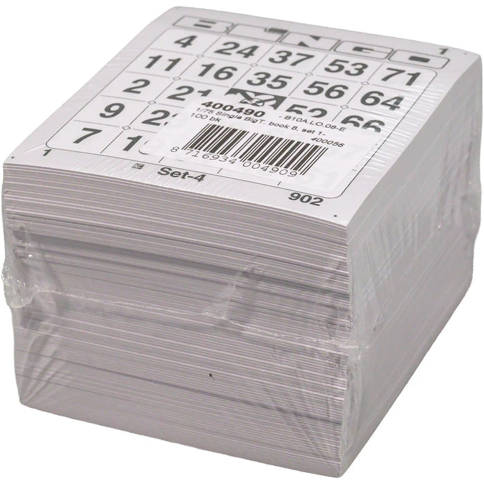 Bingokaarten 1-75 boekje 8 velletjes 1 groot ticket, pak met 100 boekjes