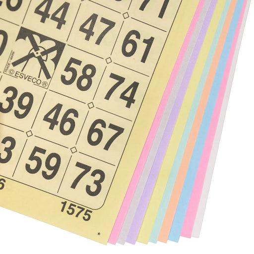 Bingokaarten 1-75 boekje 10 velletjes 1 groot ticket, kleuren op volgorde gezien