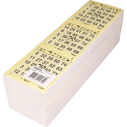 Bingokaarten 1-75 boekje 10 velletjes met 3 grote tickets, pak met 100 boekjes