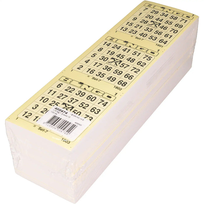 Bingokaarten 1-75 boekje 10 velletjes met 3 grote tickets, pak met 100 boekjes