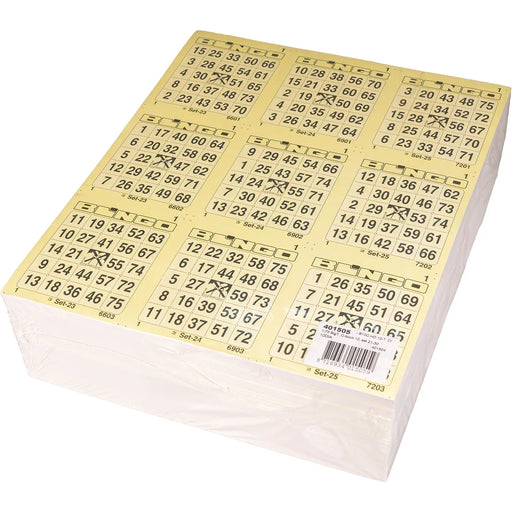 Bingokaarten 1-75 boekje 10 velletjes met 9 grote tickets, pak met 100 boekjes