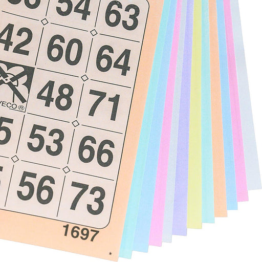 Bingokaarten 1-75 boekje 12 velletjes 1 groot ticket, kleuren op volgorde gezien