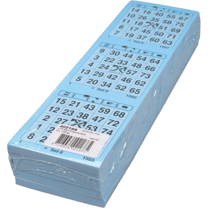 Bingokaarten 1-75 doorlopend 5 blokken van 100 blauwe vellen in een pak.