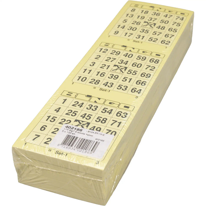 Bingokaarten 1-75 doorlopend 5 blokken van 100 gele vellen in een pak.