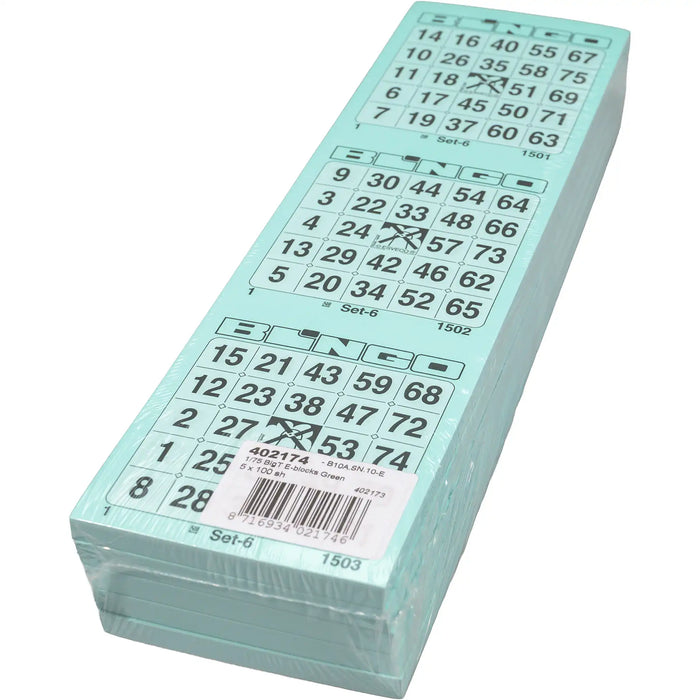 Bingokaarten 1-75 doorlopend 5 blokken van 100 groene vellen in een pak.