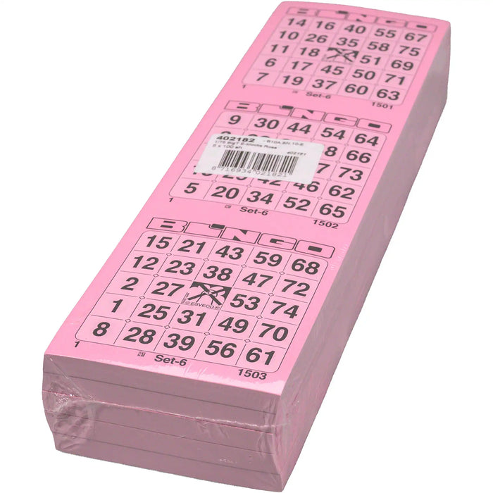 Bingokaarten 1-75 doorlopend 5 blokken van 100 roze vellen in een pak.