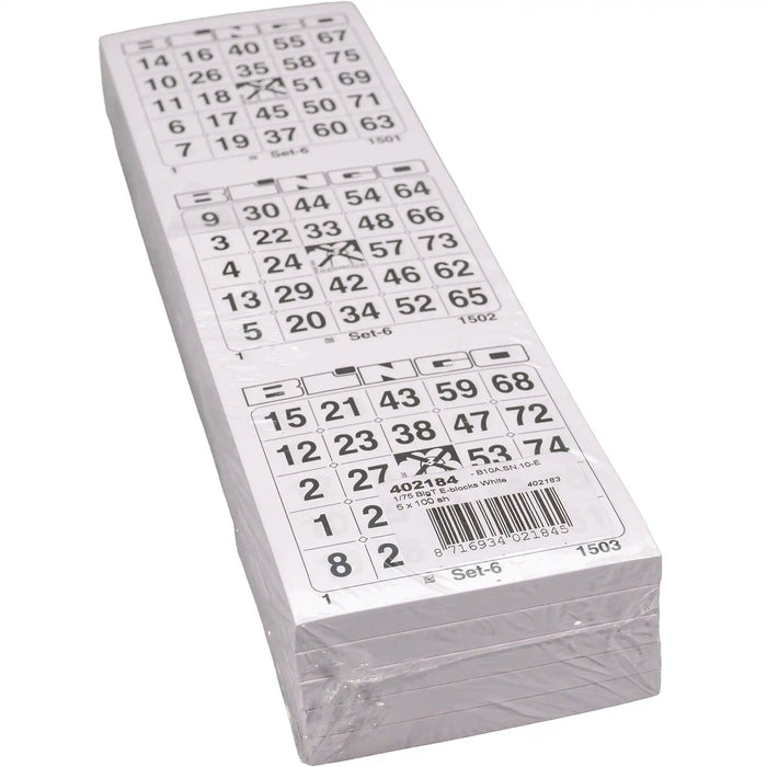 Bingokaarten 1-75 doorlopend 5 blokken van 100 witte vellen in een pak.