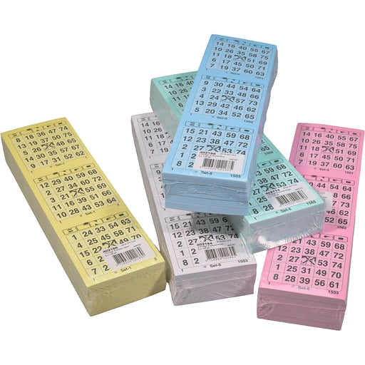 Bingokaarten 1-75 doorlopend alle blokken in verschillende kleuren bij elkaar.