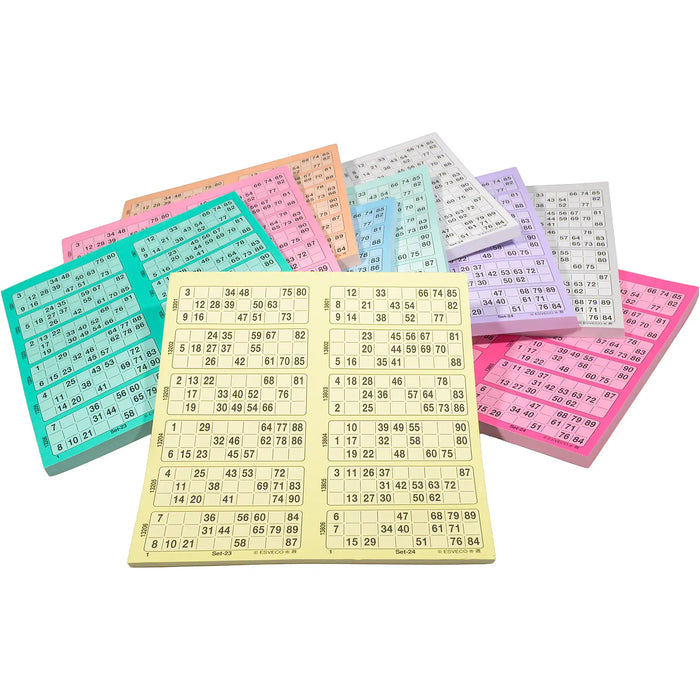 Bingokaarten 1-90 10 kleuren Dubbel losse blokken 100 vel.