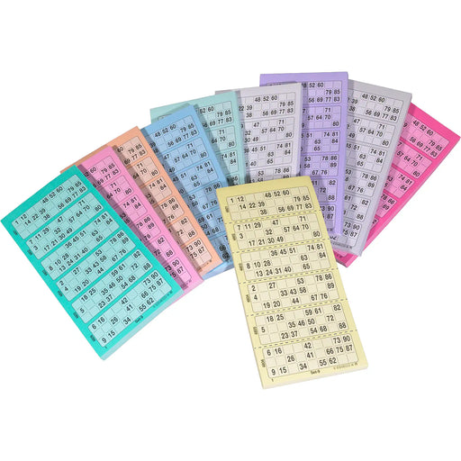 Bingokaarten  1-90 10 kleuren 100 vel per kleur enkel geperforeerd, alle 10 de blokken naast elkaar met de perforatie lijnen geaccentueerd van het gele blok.