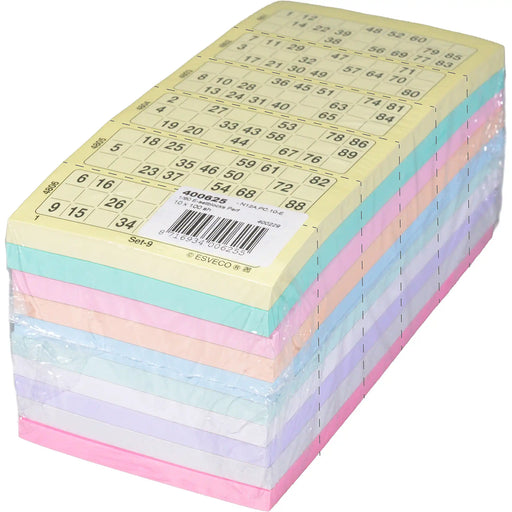 Bingokaarten  1-90 10 kleuren 100 vel per kleur enkel geperforeerd, pak van 100 vel met de perforatie lijnen geaccentueerd.