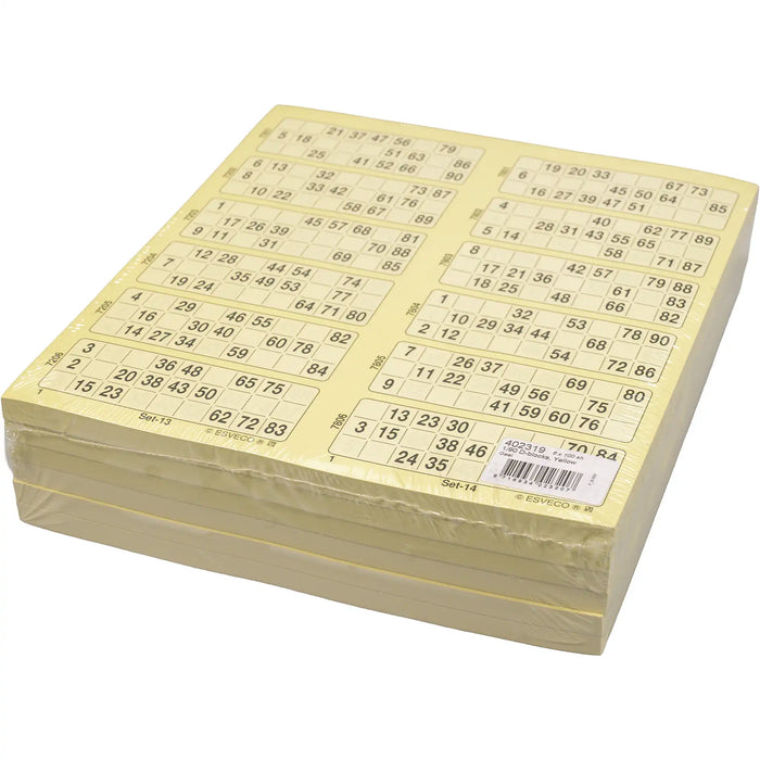 Bingokaarten 1-90 doorlopend 600vel Dubbel, pak geel.