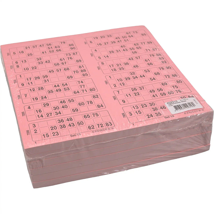 Bingokaarten 1-90 doorlopend 600vel Dubbel, pak roze.