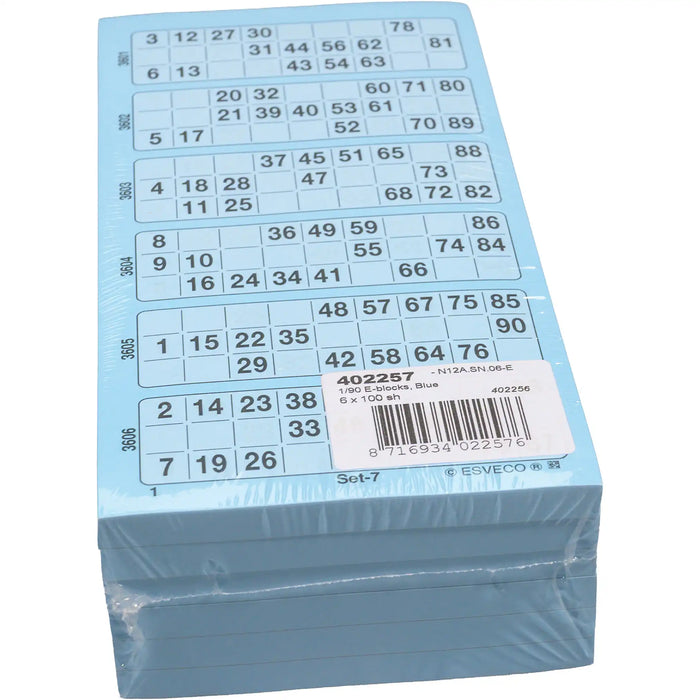 Bingokaarten 1-90 doorlopend 600vel Enkel pak blauw.