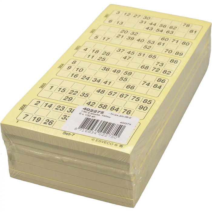 Bingokaarten 1-90 doorlopend 600vel Enkel, pak geel.